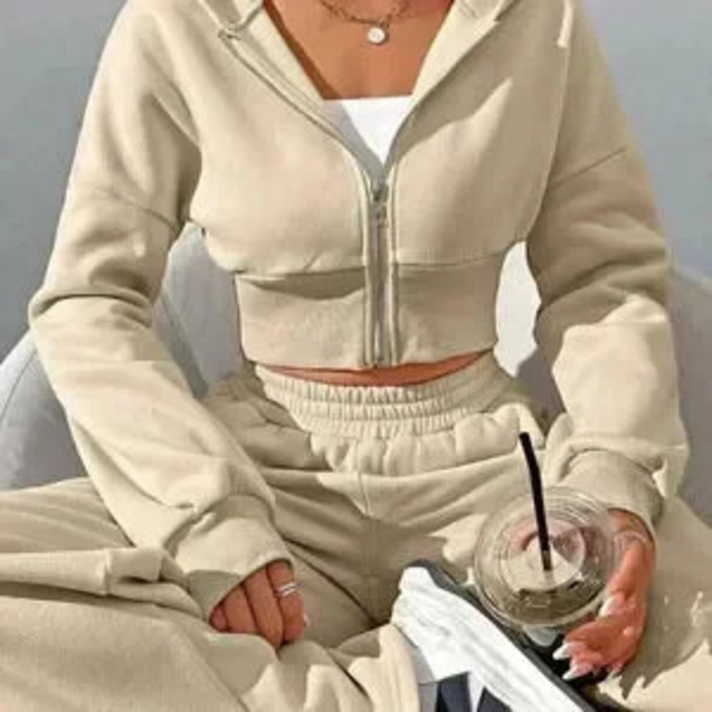 Khaki Casual Women's Zipper Front Hoodie And Pants Set